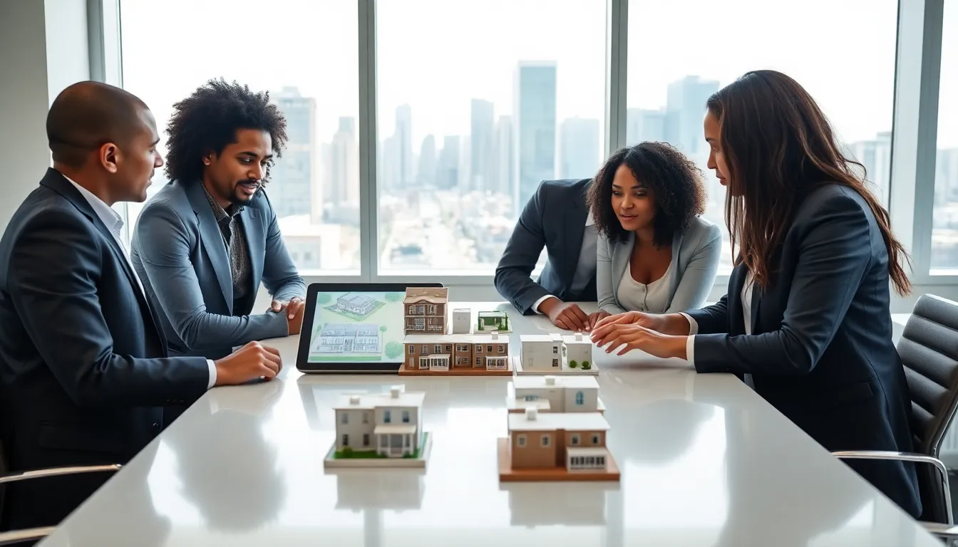 professionals discussing multi-family real estate investing in a modern office.