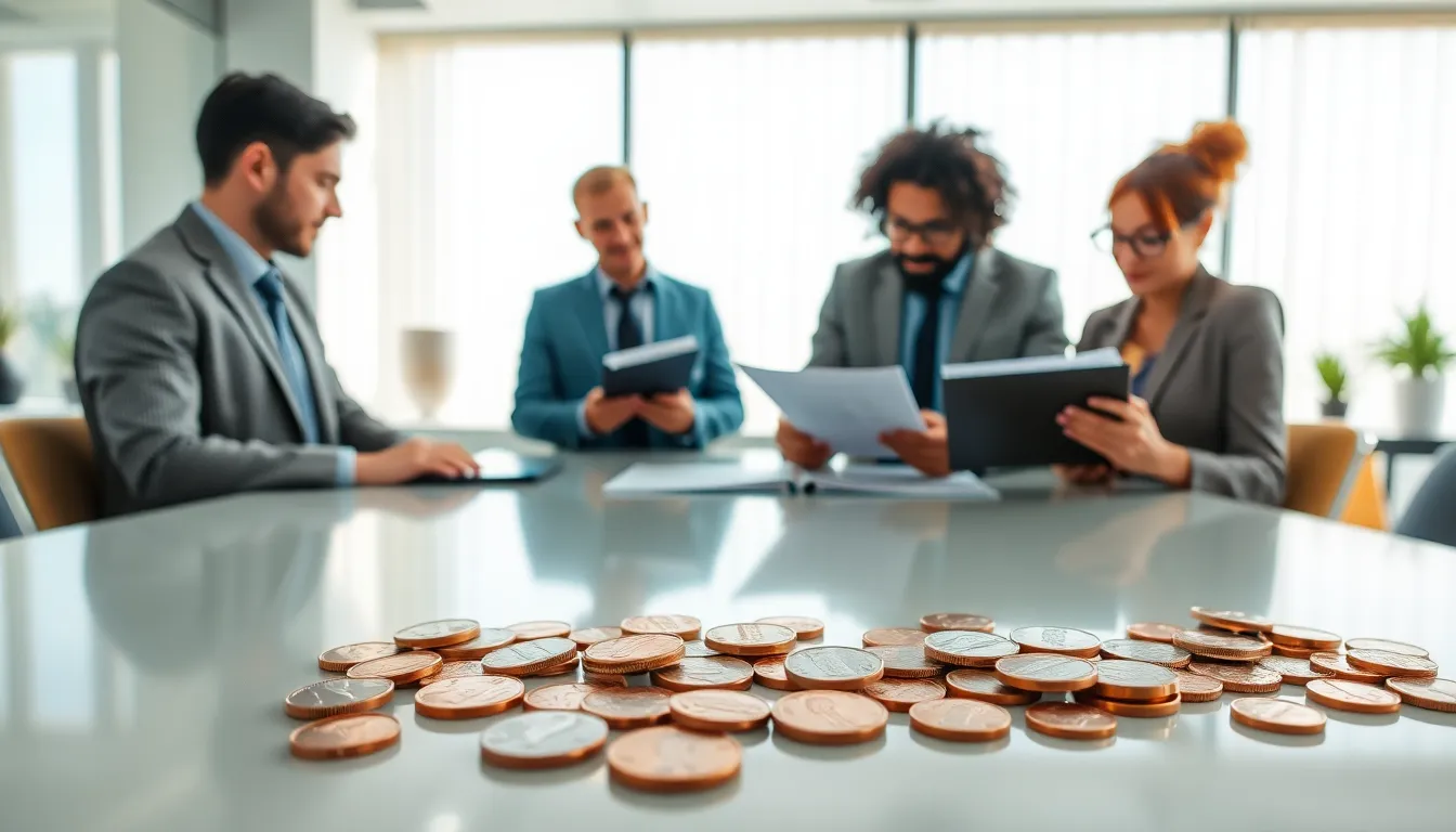 professionals analyzing valuable modern pennies in a bright office setting.