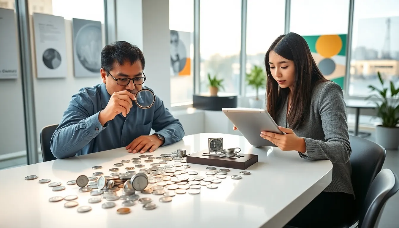 diverse group of collectors examining valuable modern quarters.