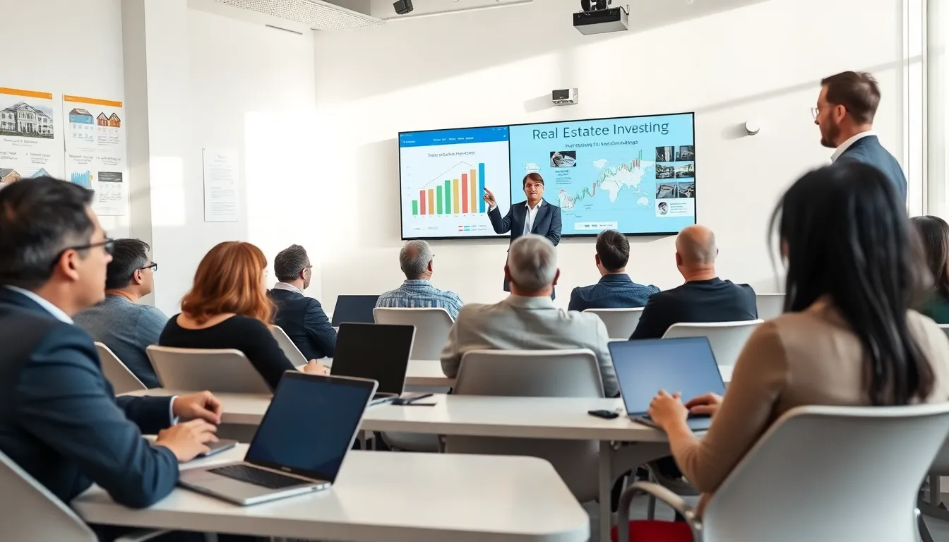 diverse group learning real estate investing in a modern classroom.